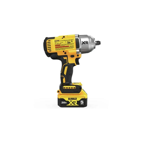 Cordless 20V Max XR Half Inch High Torque Impact Wrench Kit with Hog Ring Anvil, yellow and black tool shown side view.