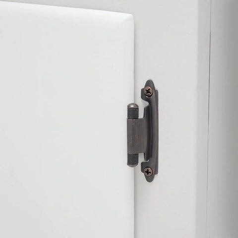 Close-up of 3/8 Inch Kitchen Inset Cabinet Door Hinge Self Closing Oil Rubbed Bronze Includes Mounting Screws 10 Pack 1 Pair Per Pack Fits Inset Cabinets Durable Soft Close Hardware installed on white cabinet