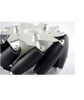 4-inch right mecanum wheel set, close-up view, four black rollers on metal frame, Amazon brand