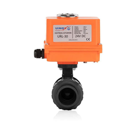 Motorized UPVC Ball Valve With Electric Actuator 24V DC, 4 Inch 110mm, Threaded, 16 Bar, IP67, For Water Air And Liquids, HVAC System Ready, Built Tough For Easy Install, Corrosion Resistant And Reliable Performance, CE NSF ANSI, front view