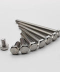 Premium Grade 2 Pure Titanium Outer Screws And Hex Bolts Ta2 Metric Fasteners M2.5 Through M10 sized in a row on a white background.