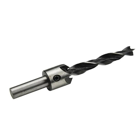 Seven Piece Countersink Drill Bit Set Featuring Razor Sharp Tapered Tips For Smooth Wood And Metal Work Heavy Duty Construction Top Shelf Gear Built Tough Get Real Jobs Done Your Workshop Demands Pro Cuts, close-up of a drill bit with spiral flutes.