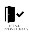 Illustration of an open door and check mark with text 'Fits All Standard Doors' for Terrace Keyed Entry Door Knob In Satin Nickel, 6 Way Universal Fit For Standard Doors One And Three Eighths To One And Three Quarters Inches Thick, Includes Faceplate And Secure Latch For Easy Sturdy Installation.