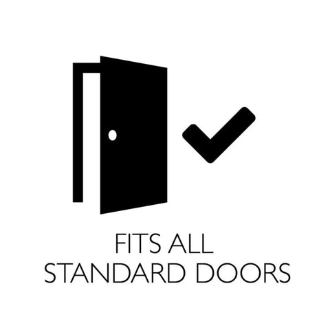 Illustration of an open door and check mark with text 'Fits All Standard Doors' for Terrace Keyed Entry Door Knob In Satin Nickel, 6 Way Universal Fit For Standard Doors One And Three Eighths To One And Three Quarters Inches Thick, Includes Faceplate And Secure Latch For Easy Sturdy Installation.
