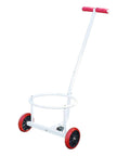 Heavy Duty Metal Frame Hand Truck Cart With Angled Padded Grip Handle For Easy Bucket And Container Transport At Home, Garage, Warehouse Or Garden Tasks, A Real Workhorse For Smooth Rolling Trolley. White metal-frame bucket cart with red wheels and padded handle