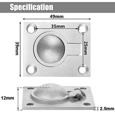Two Pack Stainless Steel Flush Ring Pull Handles For Marine Hatches Cabinets And Doors Hidden Recessed Lifting Ring Pulls With Eight Screws 48mm By 38mm Durable Boat And RV Interior Hardware, image showing dimensions