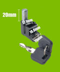 Secure Metal Lock Cover For Hailong E Bike Battery Case Silver Heavy Duty Anti Theft Protection Fits Model 1 Plus Robust Replacement To Keep Your Ride Safe From Thieves. black metal lock with key, 20mm post, 12.1mm and 18.6mm slots, 19mm head
