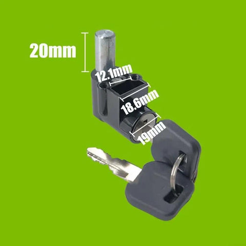 Secure Metal Lock Cover For Hailong E Bike Battery Case Silver Heavy Duty Anti Theft Protection Fits Model 1 Plus Robust Replacement To Keep Your Ride Safe From Thieves. black metal lock with key, 20mm post, 12.1mm and 18.6mm slots, 19mm head