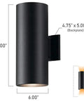 Two Light Outdoor Cylinder Wall Sconce In Black Finish 15 Inch High Exterior Fixture With 6 Inch Wide Profile E26 Medium Base Socket