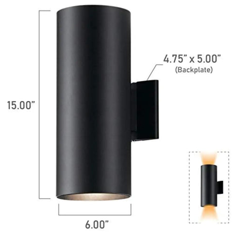 Two Light Outdoor Cylinder Wall Sconce In Black Finish 15 Inch High Exterior Fixture With 6 Inch Wide Profile E26 Medium Base Socket