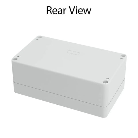 Rear view of Waterproof Plastic Junction Box IP65 Enclosure For Outdoor DIY Electronics, gray white housing, 6.2x3.5x2.4 inches.