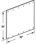 Illustration of 36x36 inch Stainless Steel Commercial Door Kickplate with pre-stamped holes, shown from an angled view.
