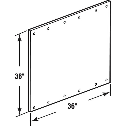 Illustration of 36x36 inch Stainless Steel Commercial Door Kickplate with pre-stamped holes, shown from an angled view.