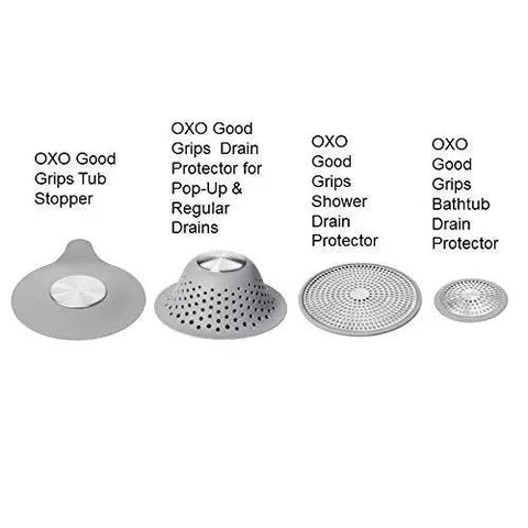 Three OXO Good Grips drain protectors with stainless steel and silicone designs for tubs to block hair clumps.