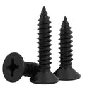 #12 X 1-1/2 Flat Head Sheet Metal Screws 40 Pack Phillips Drive, black oxide stainless steel fasteners on white background.