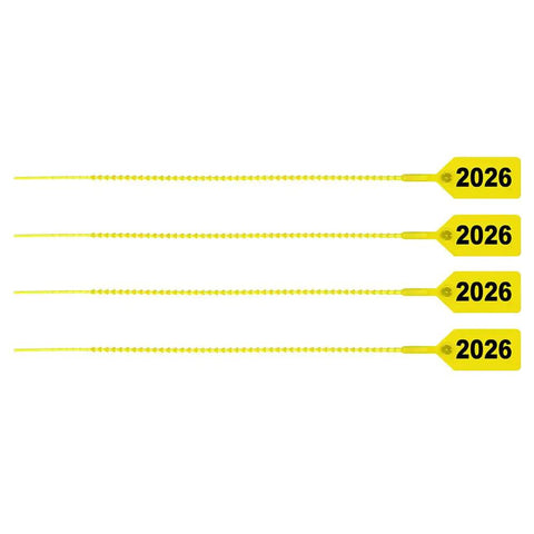 Heavy Duty 2026 Dated Fire Extinguisher Tamper Seals Yellow Zip Ties 9 Inch UL Rated Bulk Of 1000 with numbered tags.