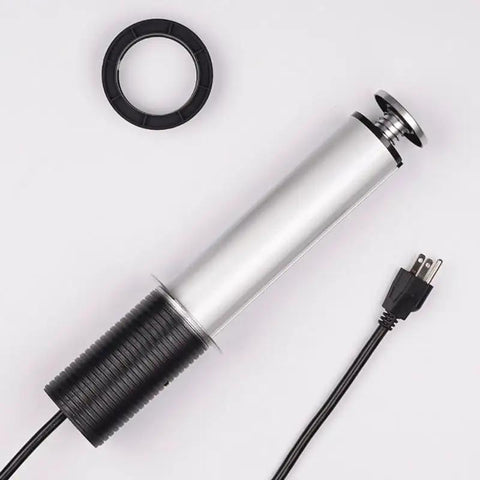 Hassle Free Pop Up Desktop Power Strip With 1.8 Meter Extension Cable featuring a sleek silver finish and US plug, ready for flush mount installation.