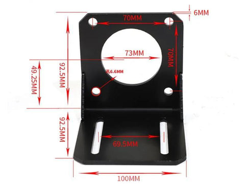 Nema 23 motor mounting bracket, black metal L-shaped; front view shows 73mm bore and top mounting holes.