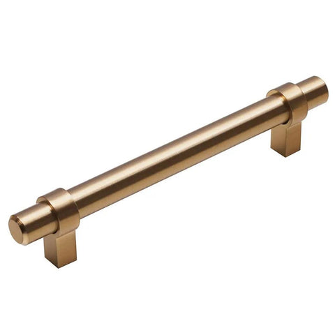 Gold Brushed Champagne Bronze Cabinet Handles Set Of Ten Five And One Sixteenth Inch Center To Center Drawer Pulls For Cabinets And Dressers Durable Zinc And Iron Hardware With Modern Chic Finish. Close-up of one pull