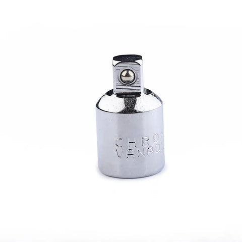 4 Piece Square Ratchet Socket Adapter Reducer Kit Includes 1/2 To 3/8 3/8 To 1/2 And 3/8 To 1/4 Plug Adapters In Silver Finish Heat Treated Chrome Vanadium A Must Have For Any Toolbox close-up view of chrome vanadium adapter