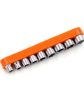 Snag This Solid Mini Ratchet Wrench Set With 1/4 Inch Drive And Nine Proven Metric Sockets From 5mm To 13mm in orange holder.