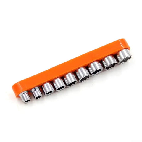 Snag This Solid Mini Ratchet Wrench Set With 1/4 Inch Drive And Nine Proven Metric Sockets From 5mm To 13mm in orange holder.
