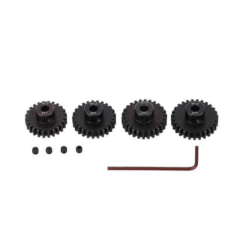 4 Pack Steel M1 5mm Shaft Pinion Gears Set 24T 25T 26T 27T For 1 Eighth Scale RC Cars Beefy Heavy Duty Pinion Gears For Brushed and Brushless Motors Durable High Performance