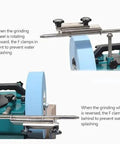 Pro Grade Electric Knife Sharpener And Water Cooled Bench Grinder built for wet or dry grinding, showing clamp positions to prevent water splashing.