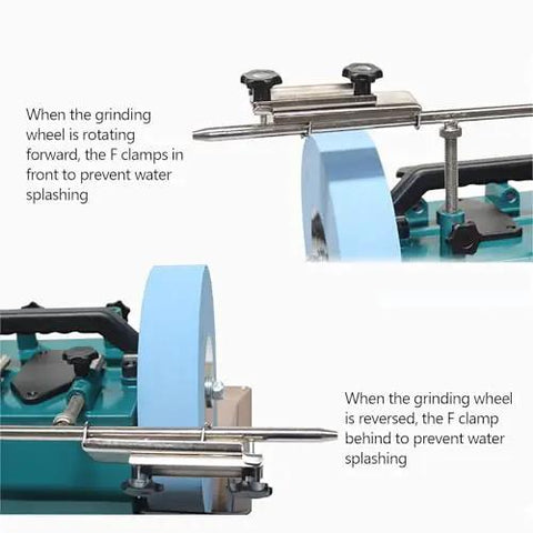 Pro Grade Electric Knife Sharpener And Water Cooled Bench Grinder built for wet or dry grinding, showing clamp positions to prevent water splashing.