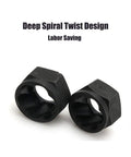 Close-up of two pieces from a 10 Piece Short Socket Bolt Extractor Set For 9-19mm Nuts, showing spiral twist design in black.