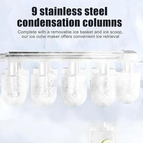 Countertop Ice Maker Delivering Swift Six Minute Bullet Cube Runs And Hefty Daily Yield with 9 stainless steel condensation columns.