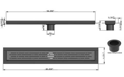 Rock Solid 304 Stainless Steel Linear Shower Drain Kit With Matte White Grid And Broad Hair Catcher dimensions and rubber fitting detail.