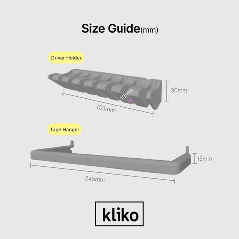 Size guide for Skådis Tape And Tool Holder Pegboard Organizer showing dimensions of driver holder and tape hanger.