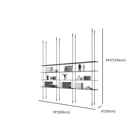 Sleek Black Four Tier Wall Mounted Storage Rack With Solid Aluminum Alloy Shelves For Living Room Decor measuring 79x94.5 inches.
