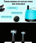 Ultra Quiet Submersible Water Pump 210GPH For Fish Tanks, Fountains, Ponds And Hydroponics, 780L/H 15W, shown with nozzle options