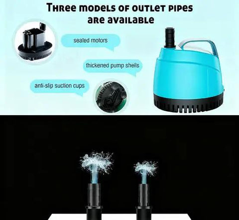 Ultra Quiet Submersible Water Pump 210GPH For Fish Tanks, Fountains, Ponds And Hydroponics, 780L/H 15W, shown with nozzle options