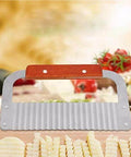 Front view of a soap cutter with wooden handle and stainless steel crinkle-waved blade for slicing soap loaves.