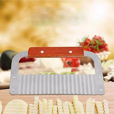 Front view of a soap cutter with wooden handle and stainless steel crinkle-waved blade for slicing soap loaves.