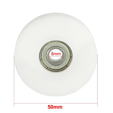 2Pcs Heavy Duty Ball Wheels And Pulleys, 50Mm Od With 8Mm Center Hole, white nylon wheel with ball bearing core.