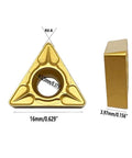 Gold Carbide Inserts For External Turning TCMT16T308 TCMT32.52, 16mm size, side and front view showing design and thickness dimensions.