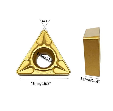 Gold Carbide Inserts For External Turning TCMT16T308 TCMT32.52, 16mm size, side and front view showing design and thickness dimensions.