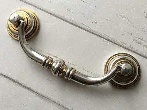 Vintage Look Bail Drawer Pulls With Classic Retro Vibe, 4-1/4 Inch Center-to-Center Dresser Pulls, Antique Silver finish on wood surface
