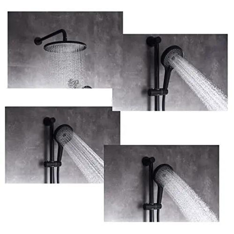 Premium Wall Mounted Shower System Complete Bathroom Faucet Kit featuring Rain Head And Handheld Sprayer with flowing water.