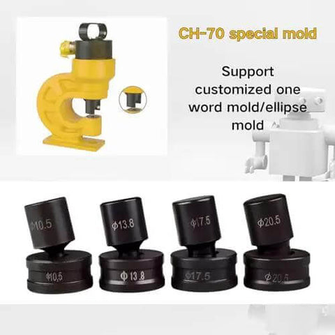 Pro Grade 30 Piece Round Hole Punch Die Set For Hydraulic Punch Tool, Heavy Duty Chrome Steel Molds, CH70 Compatible, shown with various die sizes