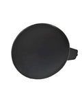 Slick Front Bumper Tow Hook Cover Towing Eye Cap Drop In Replacement Unpainted Aftermarket Hardware Tight Fit For Tesla Model Y 2021 2022 top view of black circular tow eye cover.