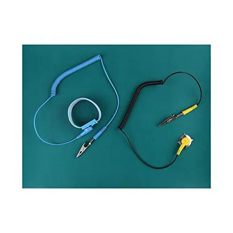 Anti-static wrist strap and 2 grounding cables for electronics repair; blue coiled wrist strap with lead and black grounding cord