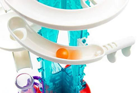 Amazon Thames and Kosmos Gumball Machine Maker toy; blue translucent track with white ramps and an orange ball.