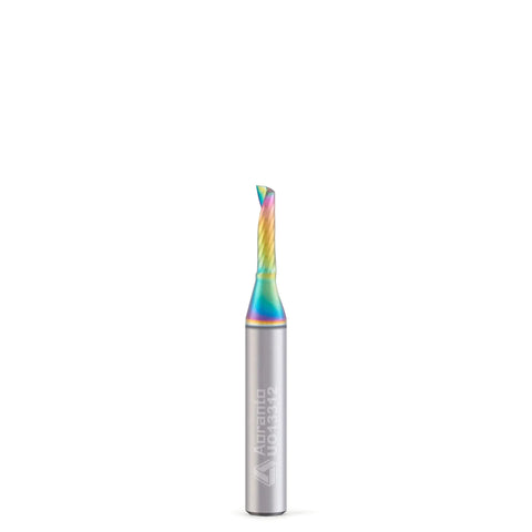 One Eighth Inch Diameter Up Cut Spiral CNC Router Bit With One Quarter Inch Shank In Solid Carbide For Wood Plastic And Acrylic Pro Grade DLC Glit Coating For Ultra Long Life And Smooth Finishes