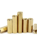 Five brass M6 x 20mm hollow PCB standoffs with female threads
