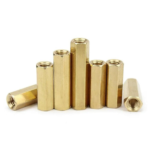 Five brass M6 x 20mm hollow PCB standoffs with female threads